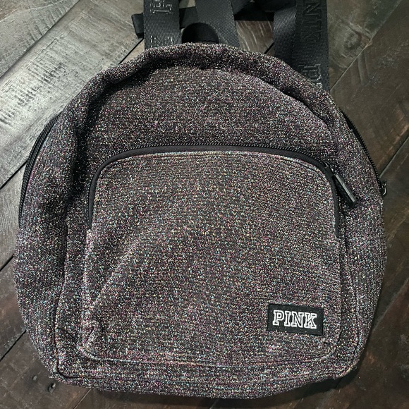 Victoria’s Secret PINK Metallic Multicolored On Black Canvas Bling Mini Backpack - Picture 1 of 11